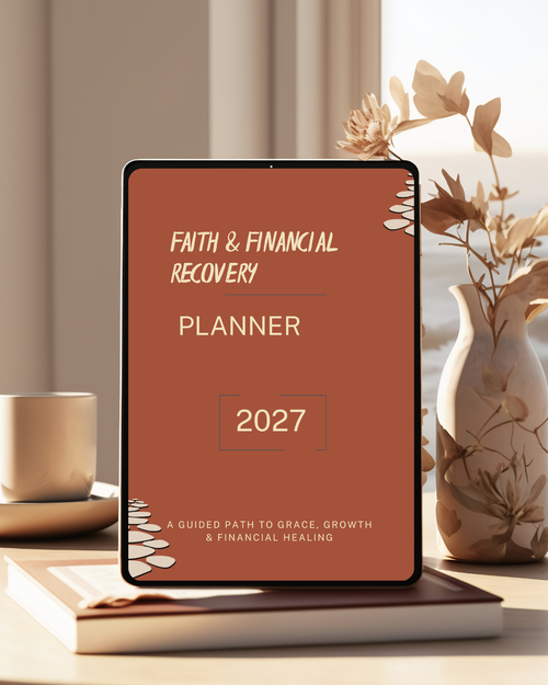 A tablet displaying a 'Faith & Financial Recovery Planner 2027' cover, styled on a desk with a book, a coffee cup, and a decorative vase in the background for your budgeting needs.