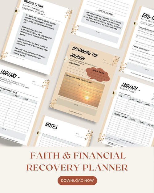 A collage of printed budget planner pages for a Faith & Financial Recovery Planner, including a welcome page, a central 'Beginning the Journey' cover with a sunset illustration, monthly budget sheets, and notes pages. The pages are arranged on a light background with a large 'FAITH & FINANCIAL RECOVERY PLANNER' title and a 'DOWNLOAD NOW' button at the bottom.