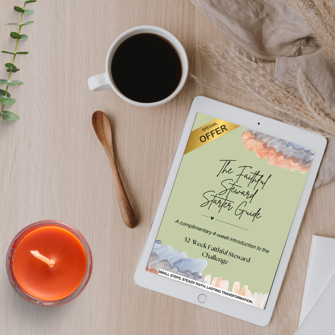A tablet on a light wood tabletop displaying a digital savings challenge guide cover titled 'The Faithful Steward Starter Guide.' The scene is styled with a white mug of black coffee, a wooden spoon, an orange candle, dried grasses, and a beige fabric runner.